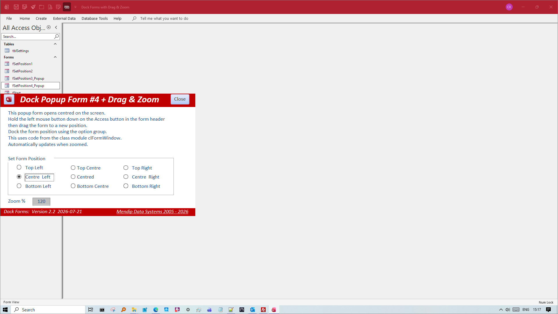 Popup Form Docked - Zoom = 120%