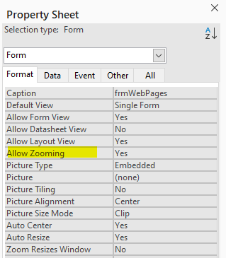 Allow Zooming form property