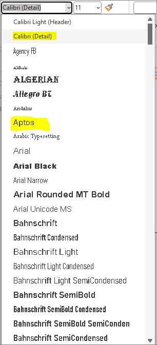 Calibri Default With Aptos listed