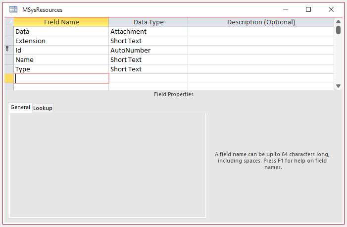 MSysResources Table Design View