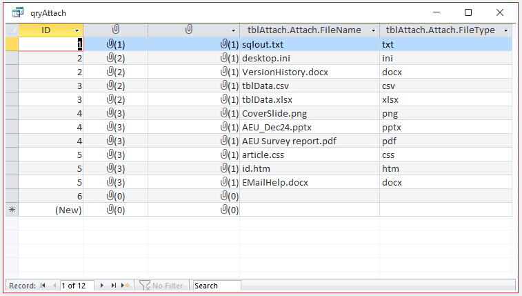 qryAttach Datasheet View