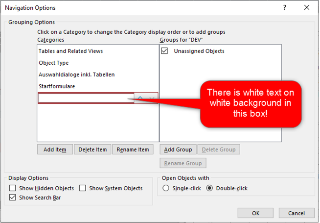 Navigation Options Issue