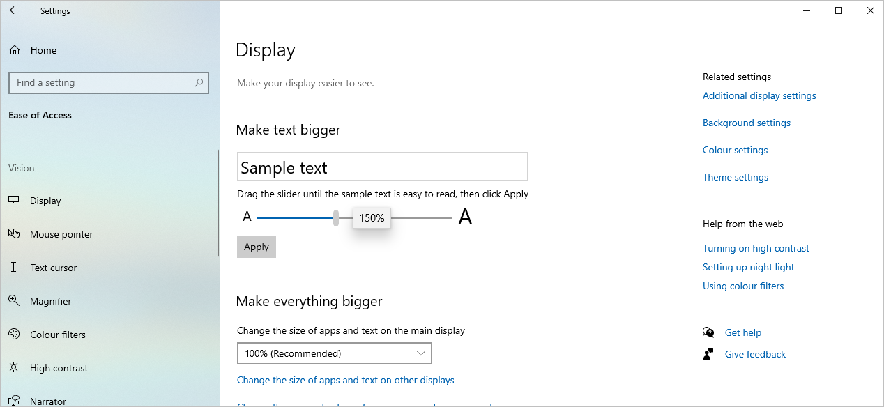 Ease of Access Display Text size