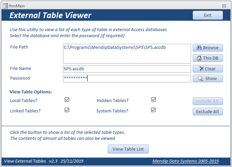 ExtDB Tables Main Form