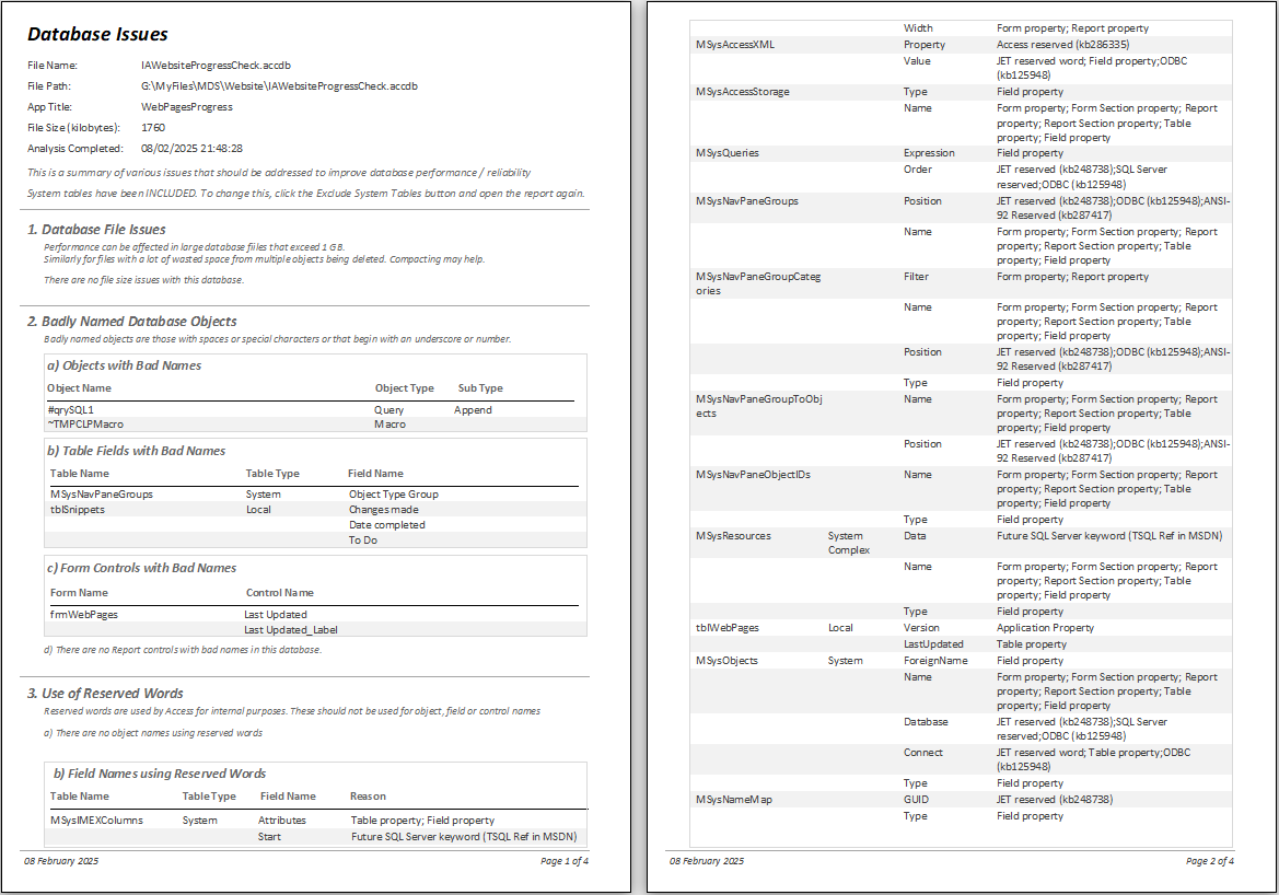 Database Issues Report