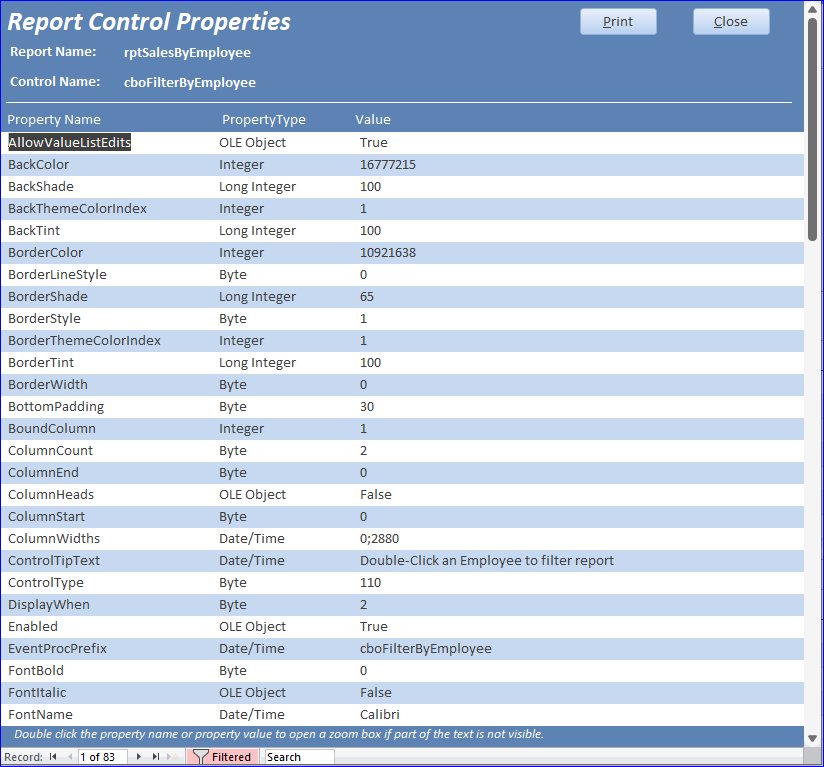Report Control Properties
