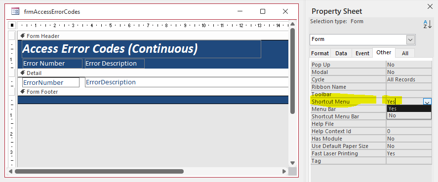 Form Shortcut Menu Property