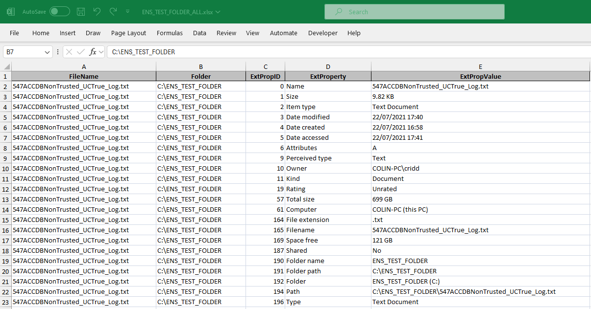 Extended property list exported to Excel