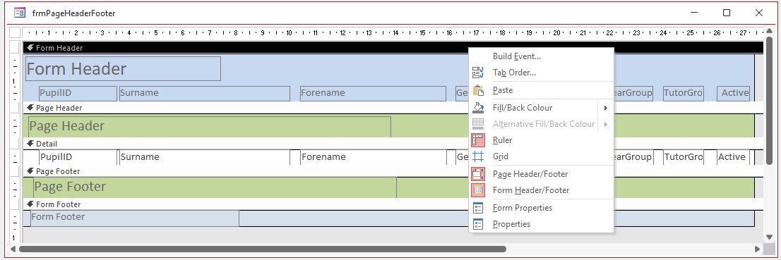 Form Sections Design View