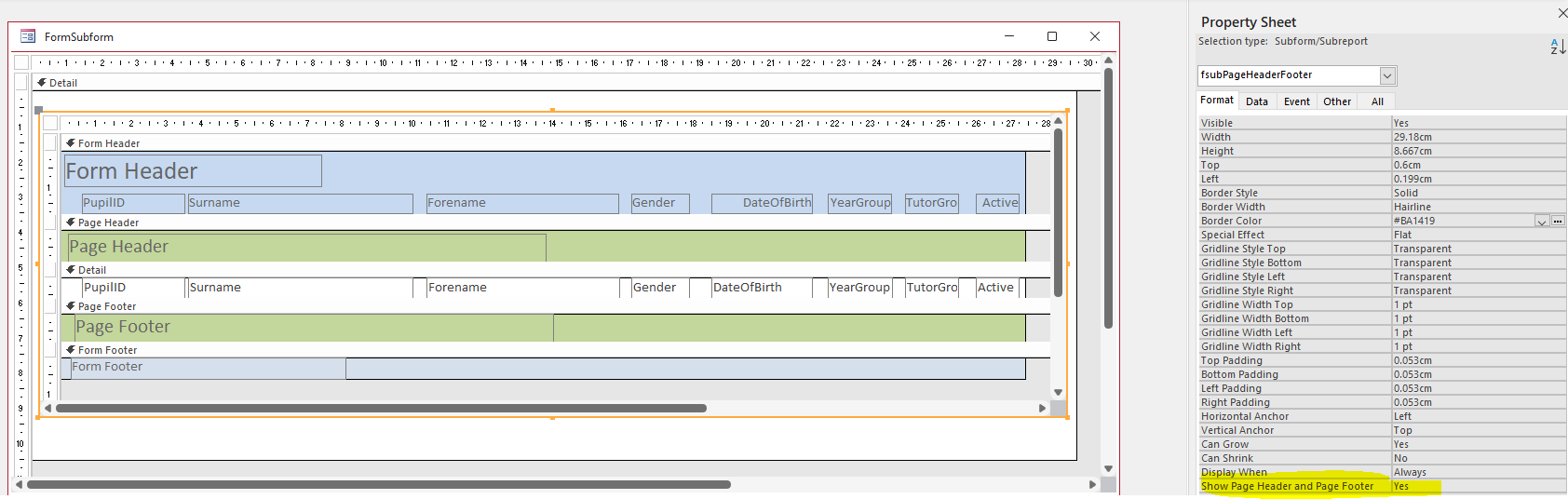 Subform Property Sheet