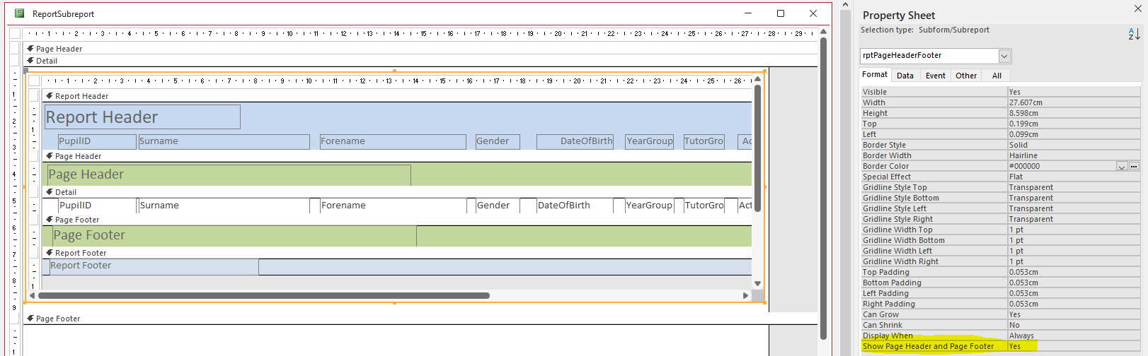 Subreport Property Sheet