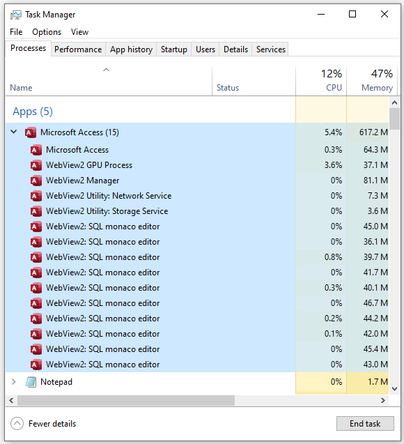 Task Manager - Access DB + many open queries
