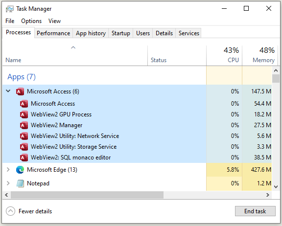 Task Manager - Access DB Opened