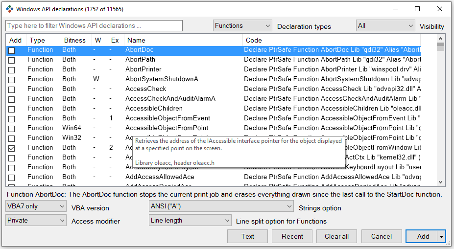 Windows API Declarations Popup Message