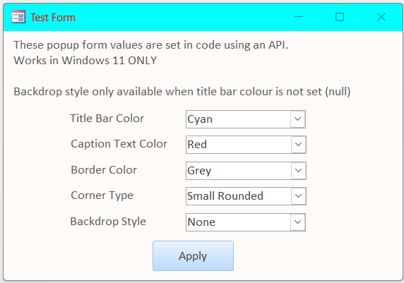 Cyan title bar, red caption, grey border, small rounded corners