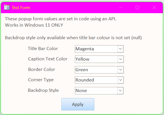 Magenta title bar, yellow caption text, green border, rounded corners