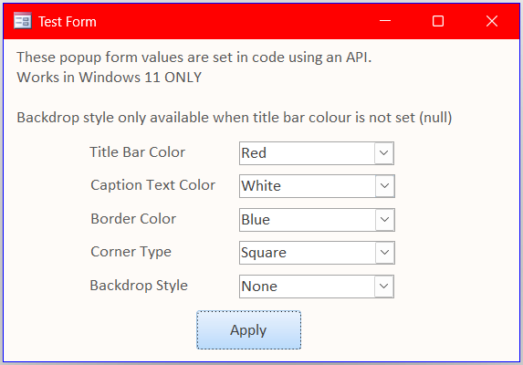 Red title bar, white caption, blue border, square corners