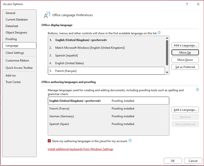 Office language options