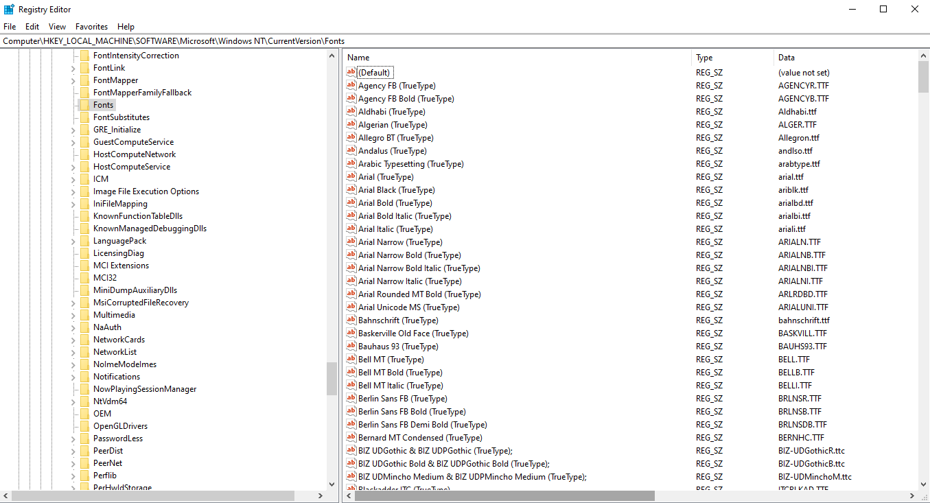 Registry Font List