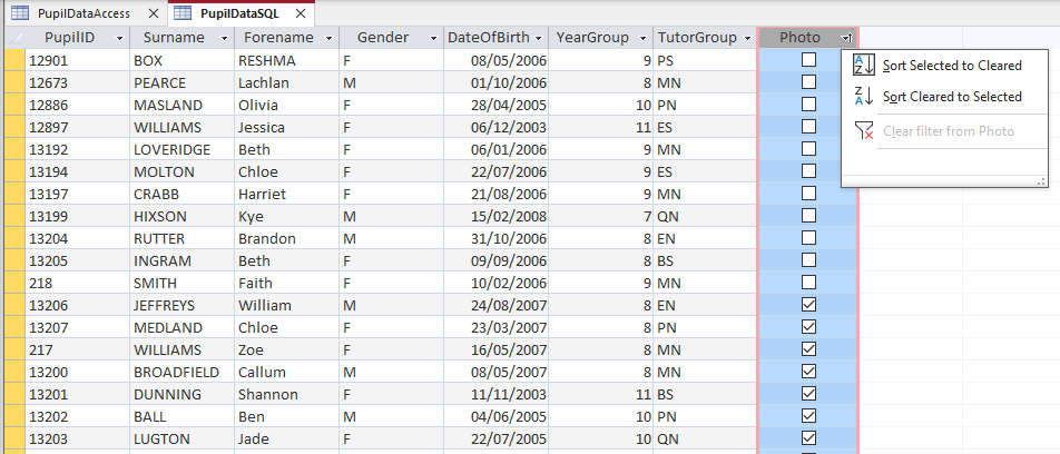 Linked SQL Boolean Sort Asc