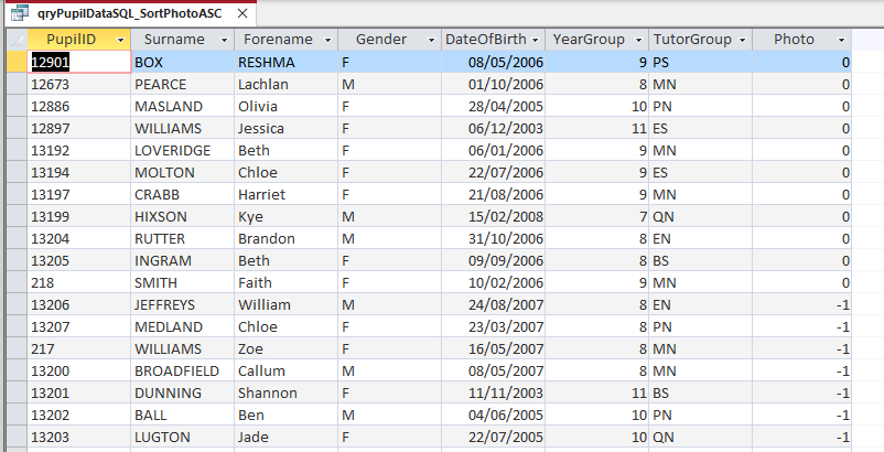 Query SQL Sort Asc Results