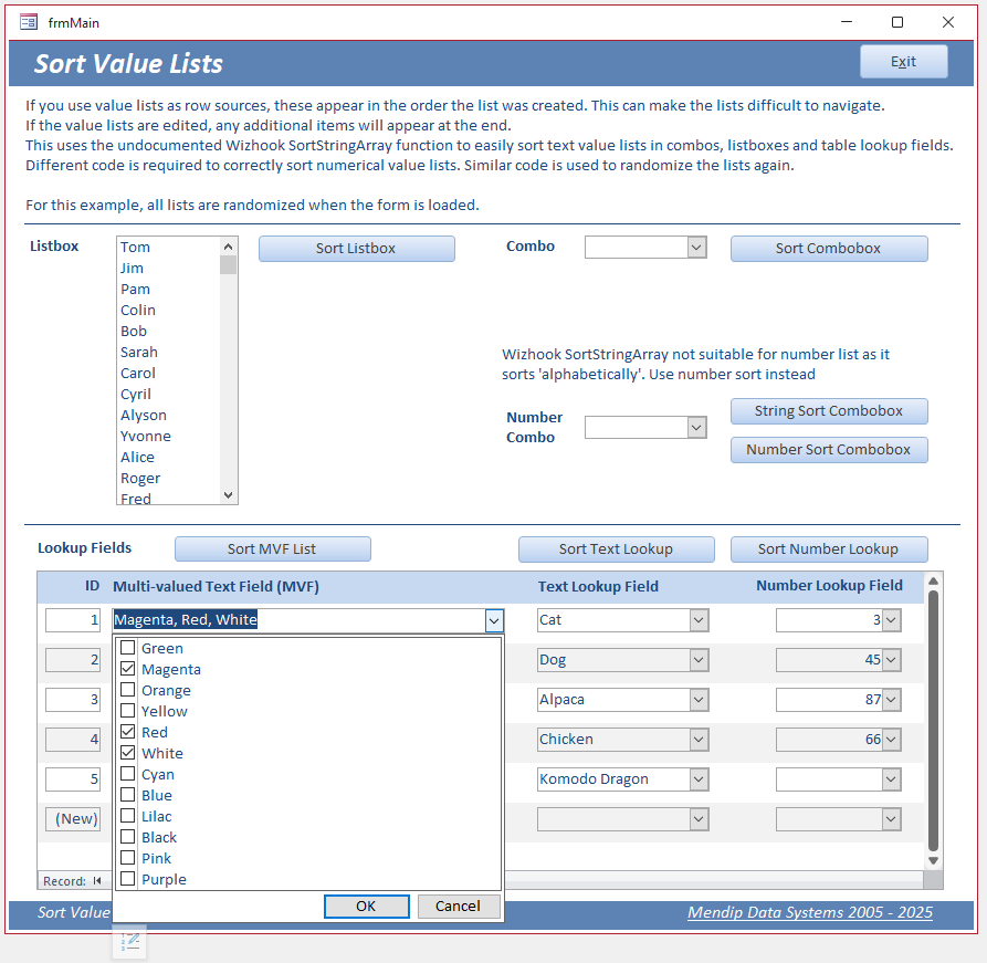 Unsorted MVF Value List